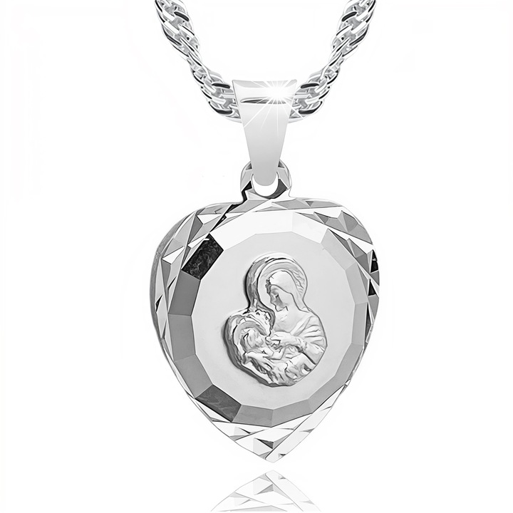Medalik srebrny 925 Matka Boska Maryja serce z łańcuszkiem 45cm do Komunii