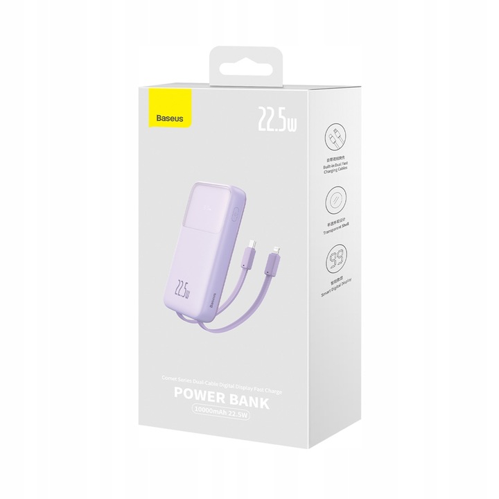 BASEUS SZYBKI POWER BANK 10000mAh 22,5W POWERBANK Z KABLAMI USB-C LIGHTNING