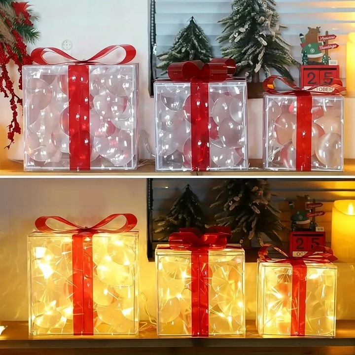 PODŚWIETLANE PUDEŁKA PREZENTOWE 3SZT 8 TRYBÓW ŚWIATŁA LED ŚWIĄTECZNE