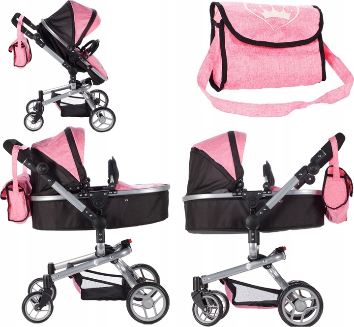 WÓZEK DLA LALEK GŁĘBOKI SPACERÓWKA 2w1 LEKKI SKŁADANY + TORBA + GONDOLA
