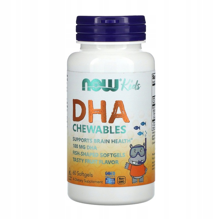 NOW Foods DHA Kid's Chewable 100mg KWASY OMEGA-3 DLA DZIECI WZROK 60kap