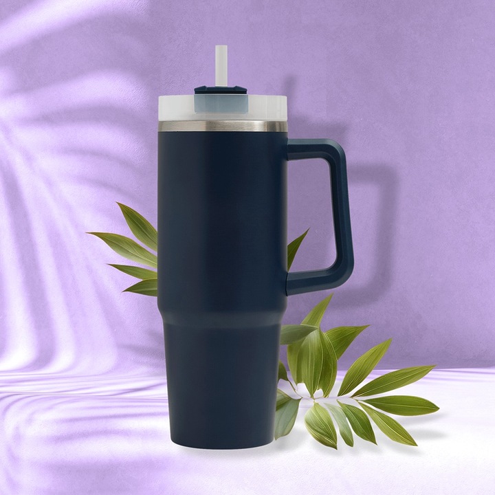 KUBEK TERMICZNY Z UCHWYTEM I SŁOMKĄ 900 ML DO AUTA Szczelny Stal Nierdzewna