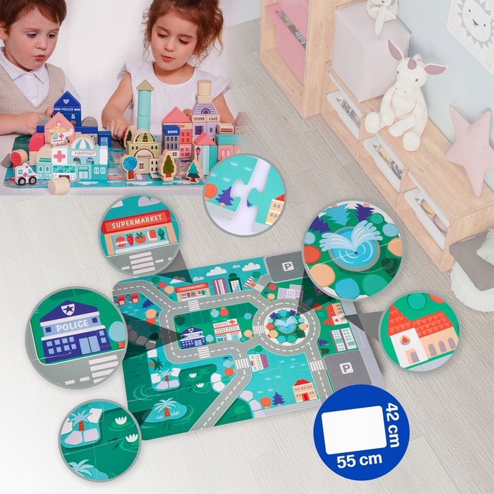 DREWNIANE KLOCKI ZESTAW DROGA MIASTO 115 ELEMENTÓW MATA POJAZDY AKCESORIA