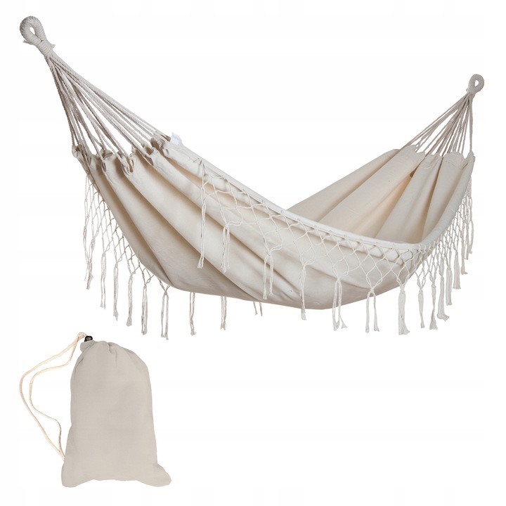 DUŻY MOCNY HAMAK OGRODOWY BOHO HUŚTAWKA MIDAS 3 100x200 ECRU + POKROWIEC