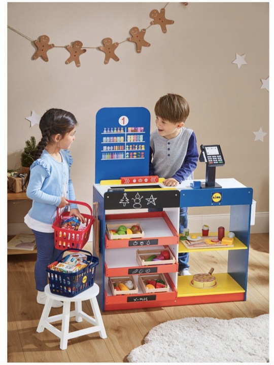 DREWNIANY SKLEP LIDL Z KASĄ I AKCESORIAMI DLA DZIECI PLAYTIVE