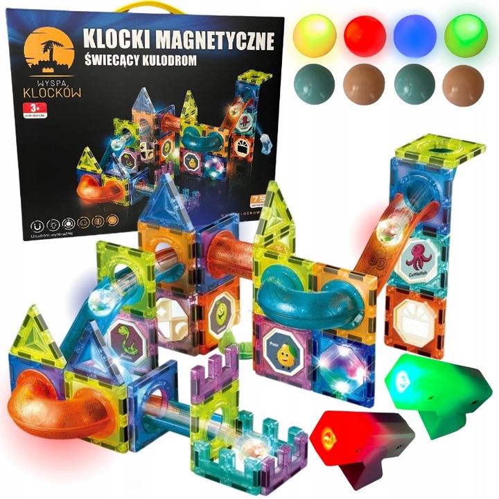 KLOCKI MAGNETYCZNE KONSTRUKCYJNE ŚWIECĄCY KULODROM TOR EDUKACYJNE PANELE 75