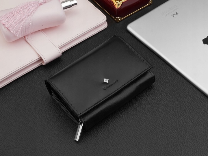 KOCHMANSKI portfel damski skórzany mały czarny na karty dokumenty pojemny