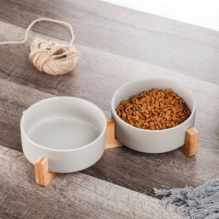 MISKA CERAMICZNA PODWÓJNA DLA PSA I KOTA 2 MISKI DREWNIANA PODSTAWA 2x400ml