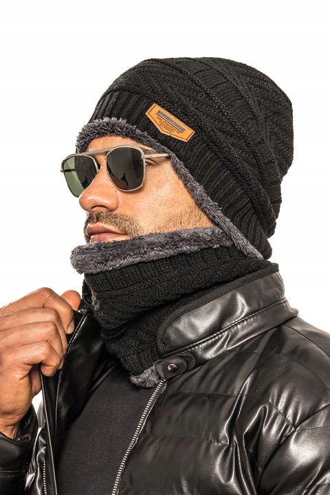 CZAPKA + KOMIN KOMPLET MĘSKI Z FUTERKIEM - CZARNY