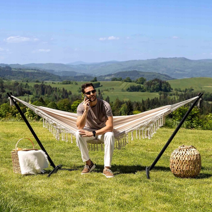 Hamak ogrodowy brazylijski z frędzlami boho Bari z regulowanym stelażem