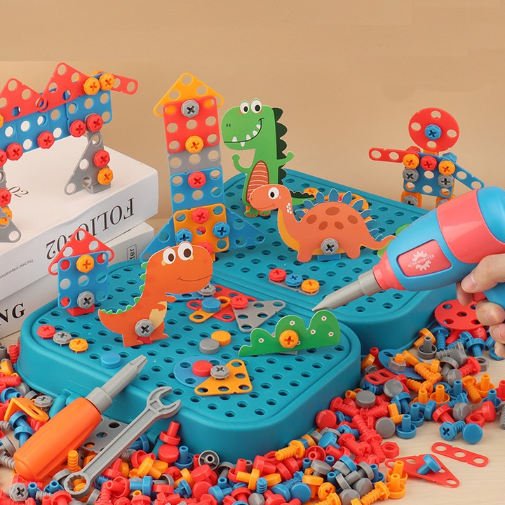 Klocki konstrukcyjne w walizce wkrętarka śrubki do skręcania dinozaur