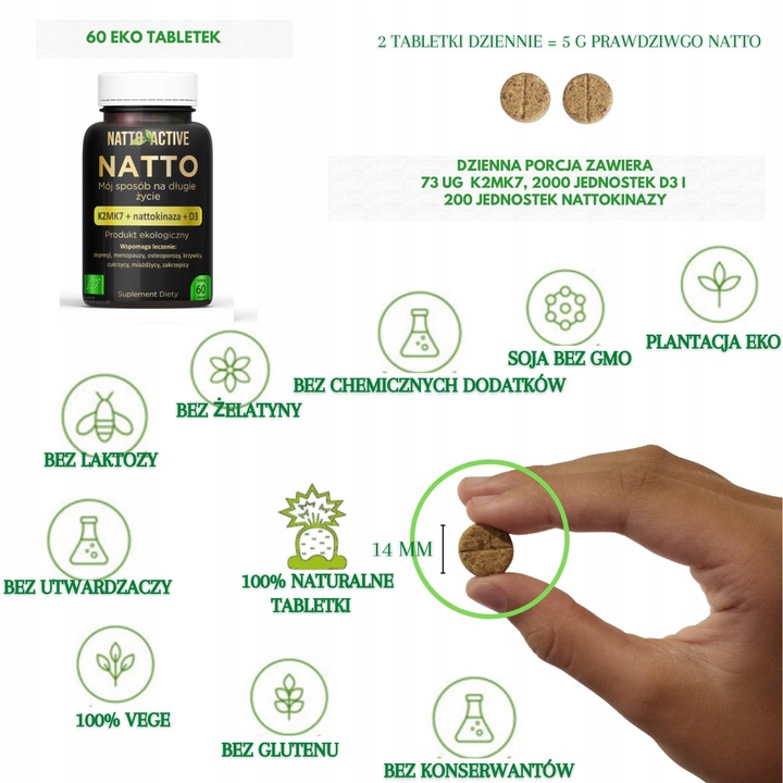 Natto Active witaminy D3 2000 IU K2 MK-7 Nattokinaza 60 eko tabletek
