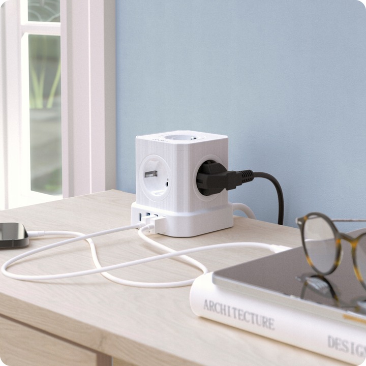 Biały Listwa Zasilająca Voomy PowerCube S6 z Jednym USB-C i Trzema USB-A