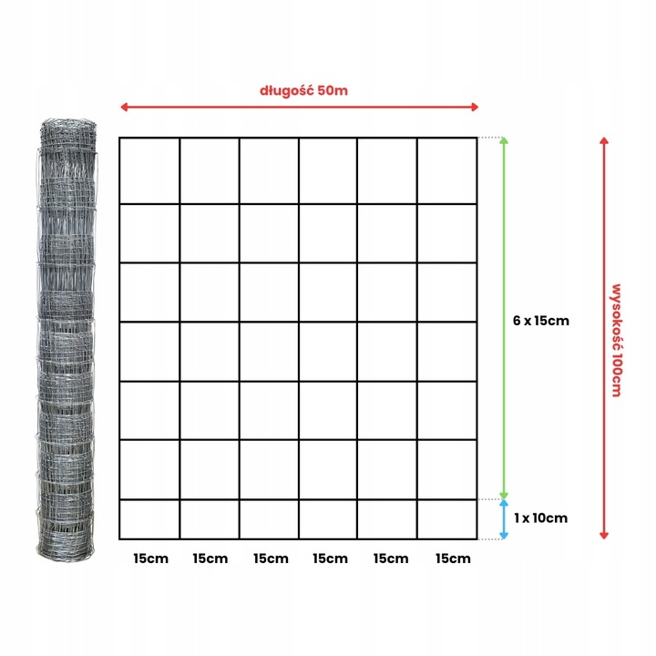 SIATKA LEŚNA ogrodzeniowa 100cm 8/15 L - ROLKA 50m - GRUBY DRUT OCYNKOWANA