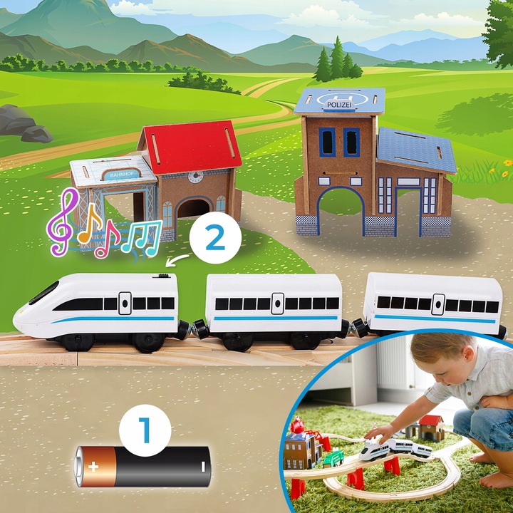 KOLEJKA DREWNIANA TOR WAGONY POCIĄG NA BATERIE DLA DZIECI PREZENT