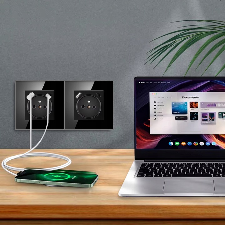 Gniazdko pojedyncze SZKLANE 230V KONTAKT z BOLCEM uziemieniem CZARNE USB C