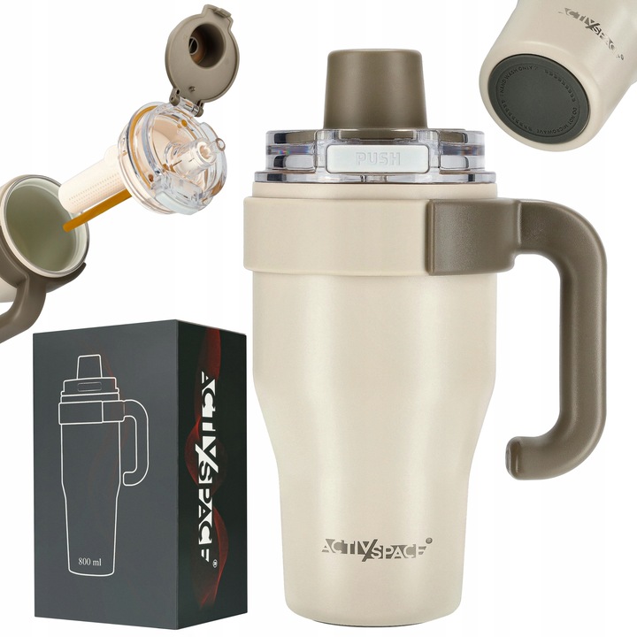 KUBEK TERMICZNY ZE SŁOMKĄ TERMOS Z UCHWYTEM NA KAWĘ HERBATĘ SZCZELNY 800ML