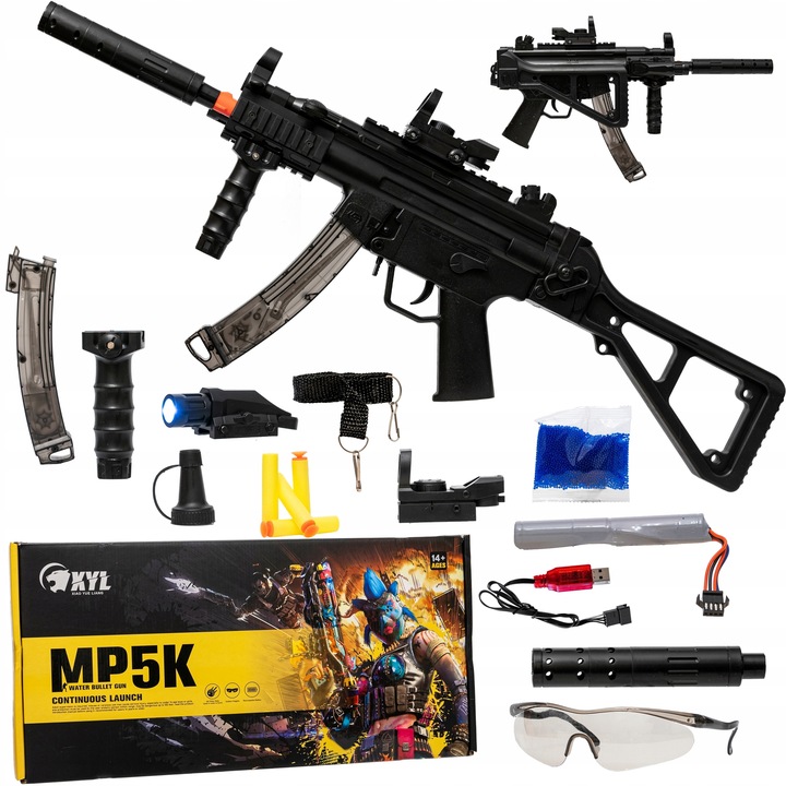 KARABIN MP5 PISTOLET AUTOMATCZNY NA KULKI ŻELOWE Z LATARKĄ 2w1 STRZAŁKI