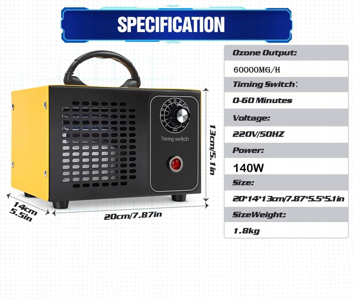 GENERATOR OZONU OZONATOR DO DOMU OCZYSZCZACZ DO POWIETRZA MOCNY 60 000 MG/H