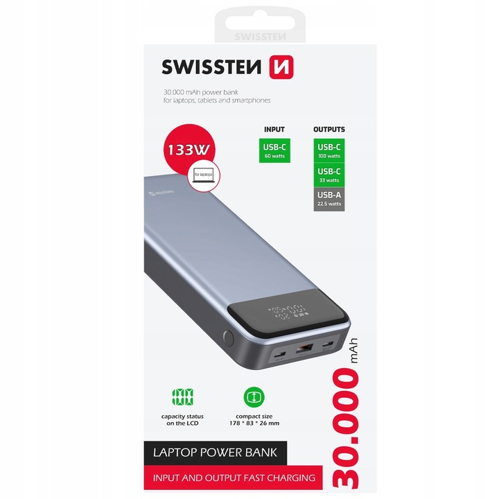 SWISSTEN POWERBANK do laptopa telefonu 30000 mAh PD QC 133W 2x USB-C USB-A