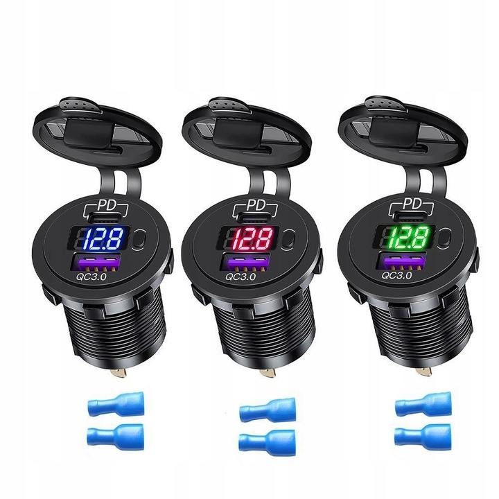 ŁADOWARKA SAMOCHODOWA USB QC3.0 + PD USB C WOLTOMIERZ PRZYCISK ON/OFF