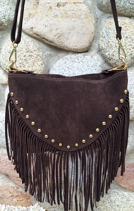 Torebka Listonoszka z ćwiekami ZAMSZ NATURALNY BOHO CZEKOLADA Vera Pelle