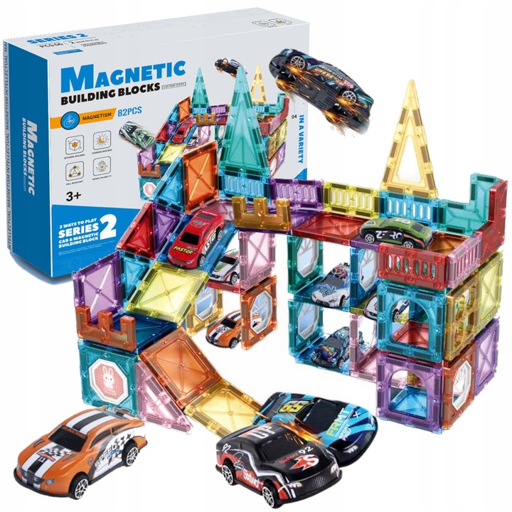 Klocki magnetyczne konstrukcyjne ZESTAW XXL 82 el. tor samochodowy 12 AUT