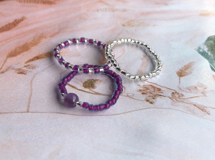 AMETYST PIERŚCIONKI Z KORALIKÓW ZESTAW 3 SZTUKI KORALIKI SREBRNE