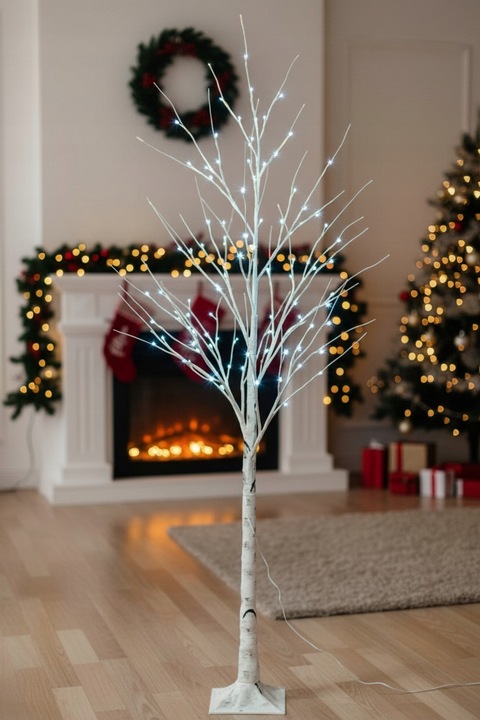 Drzewko Świąteczne Ozdobne Świecące LED BRZOZA 150 cm Lampki Białe Zimne