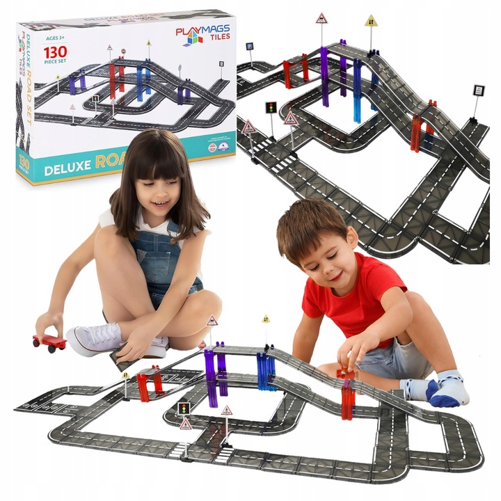 KLOCKI MAGNETYCZNE TOR SAMOCHODOWY DROGA ZNAKI DLA DZIECI PLAYMAGS 130 EL