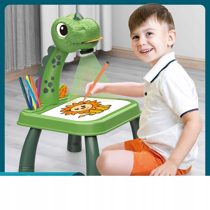 STOLIK DO NAUKI RYSOWANIA DINO TABLICA PROJEKTOR 24 wzory 12 pisaków