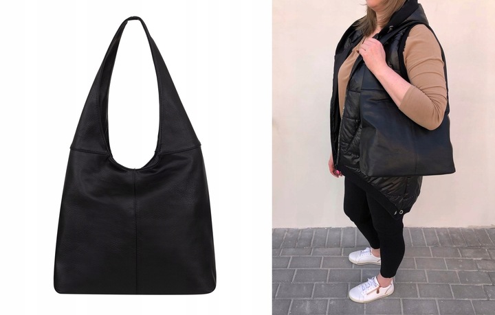 CZARNA TOREBKA DAMSKA WOREK SKÓRZANA TORBA SHOPPER KLASYCZNA TOREBKA SKÓRA