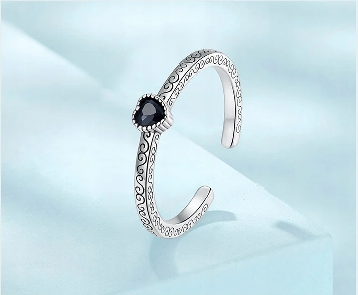 Pierścionek Czarne Serce srebro regulowany s925 +pudełko