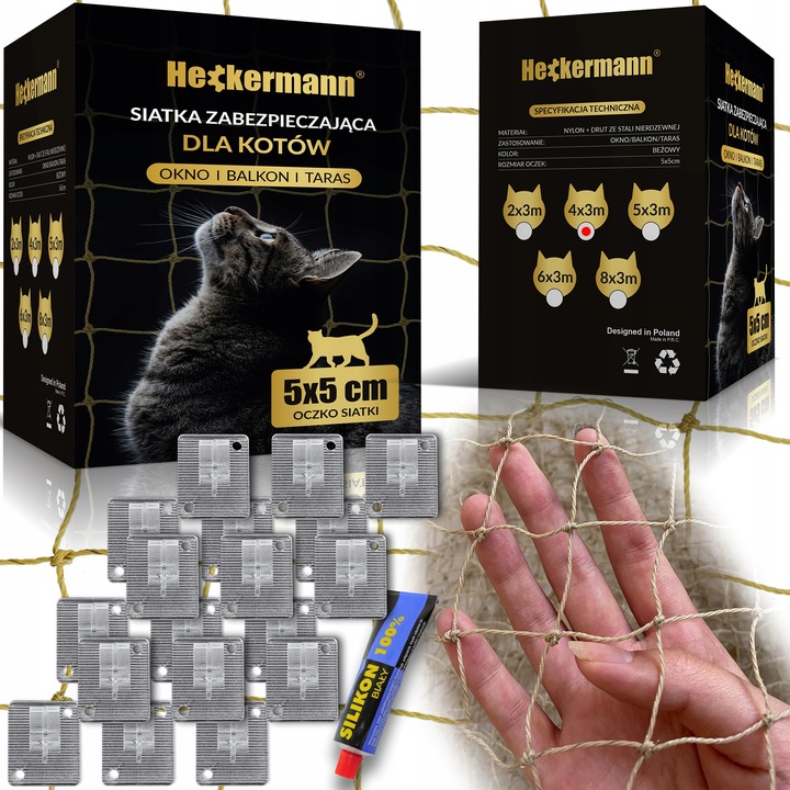 SIATKA NA BALKON Z DRUCIKIEM PREMIUM DLA KOTA BEZ WIERCENIA ZESTAW 4x3m