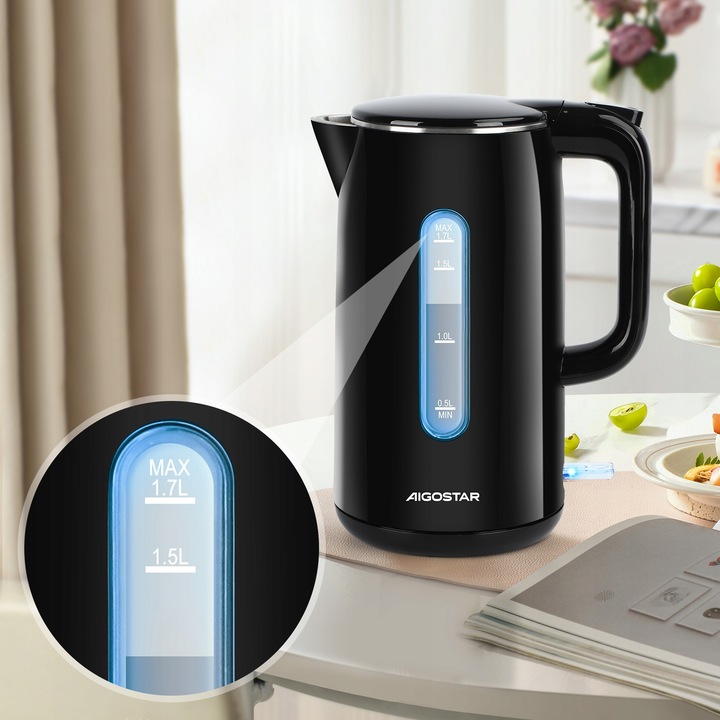 Czajnik elektryczny bezprzewodowy 2200W 1,7l czarny LED podwójne ścianki