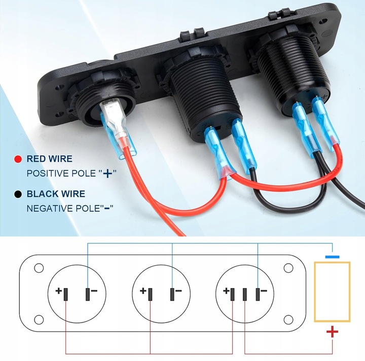 GNIAZDO ZAPALNICZKI Ładowarka USB 2xQC 3.0 WOLTOMIERZ PANEL 3 12/24V Kable