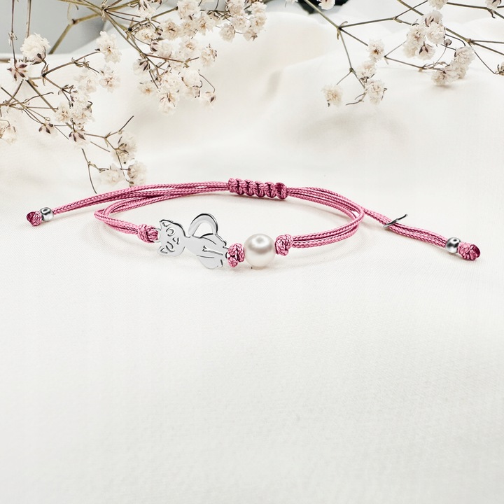 Bransoletka dla dziewczynki srebrna na sznurku kotek srebro 925 regulowana