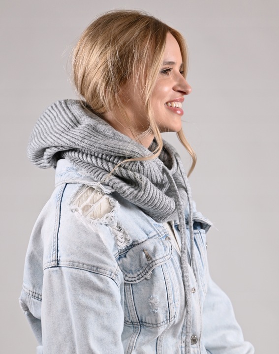 Czapka damska szara KAPTUR modny balaclava Kominiarka komin miekka zimowa