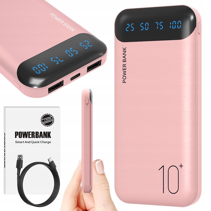 POWERBANK 10000mAh 2,4A 2×USB/USB-C QC PD SZYBKI WYDAJNY POWER BANK LED RÓ