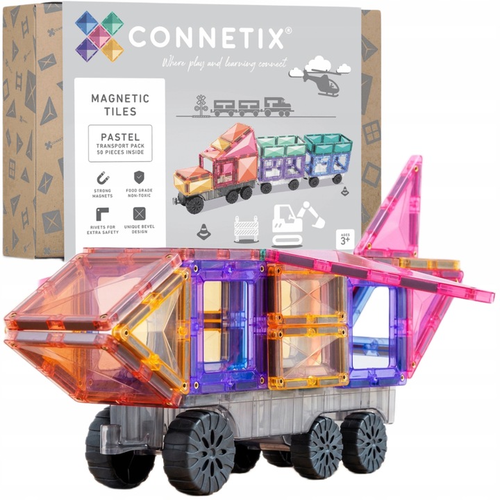 KREATYWNE KLOCKI MAGNETYCZNE POCIĄG 50 EL PASTEL TRANSPORT PACK CONNETIX