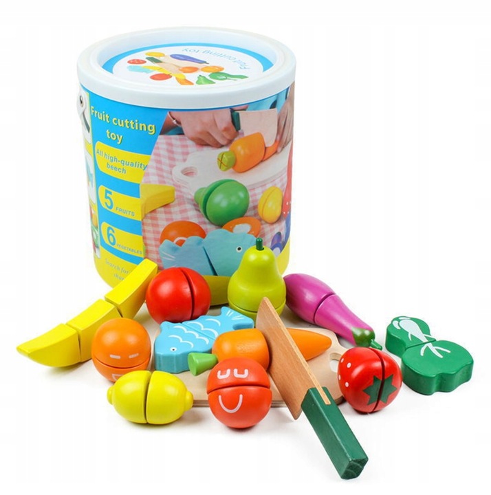 DREWNIANE WARZYWA I OWOCE ZESTAW DO KROJENIA ZESTAW PRZENOŚNY DO ZABAWY XXL