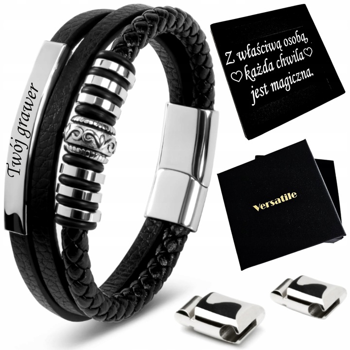 BRANSOLETKA MĘSKA SKÓRZANA SKÓRA GRAWER GRATIS SREBRNA REGULOWANA 21-24CM!