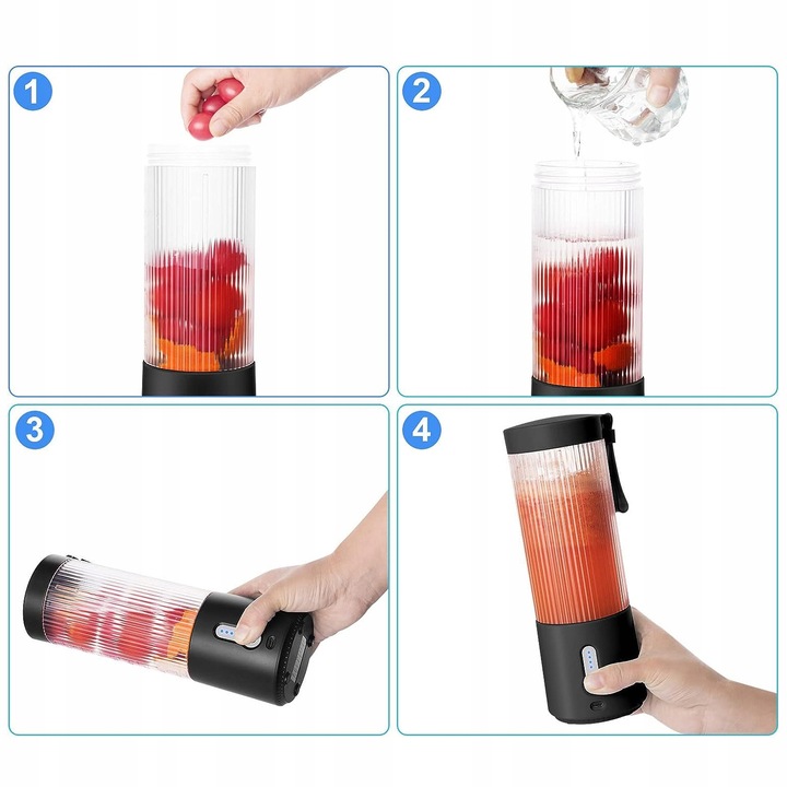 Blender do Koktajli 450ml z 6 Nierdzewnymi Żmijkami i 2000mAh Baterią