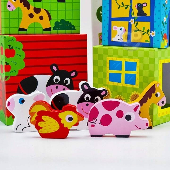 UKŁADANKA NAUKA LICZENIA FARMA WOOPIE KLOCKI PUDEŁKA BOX DOMKI ZOO 10 EL.