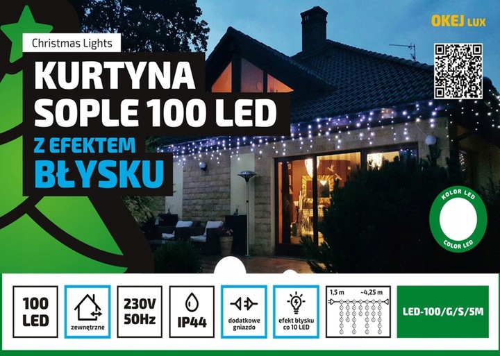 Lampki SOPLE Zewnętrzne GRUBE 100 LED 4,25m ZIMNE BIAŁE + FLASH + Gniazdo