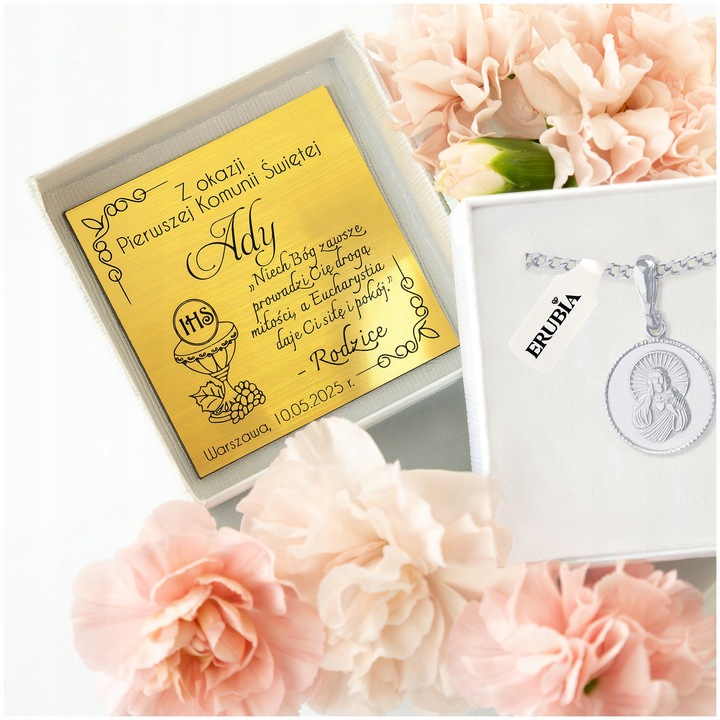 SREBRNY ŁAŃCUSZEK KOMUNIJNY PR. 925 MEDALIK SZKAPLERZ NA KOMUNIĘ + GRAWER