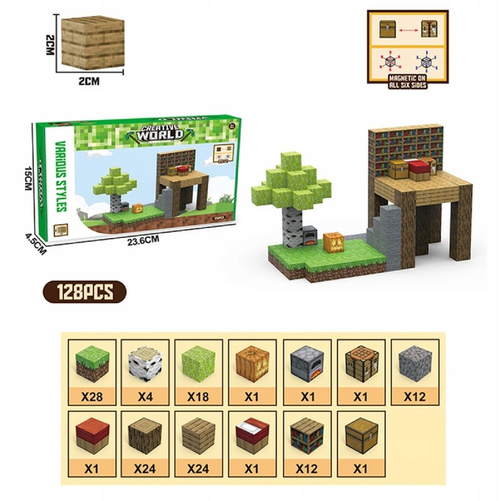 Klocki Magnetyczne Minecraft- Sześciany 128 szt. + Figurka i Karty- Mocne!