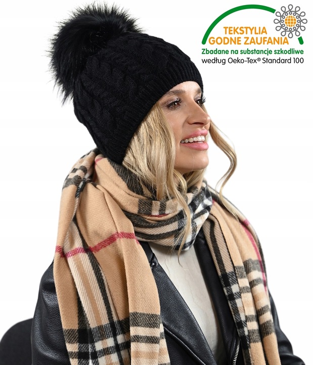 Czapka damska zimowa Ciepła dwuwarstwowa z polarem Pompon POLSKA Produkcja