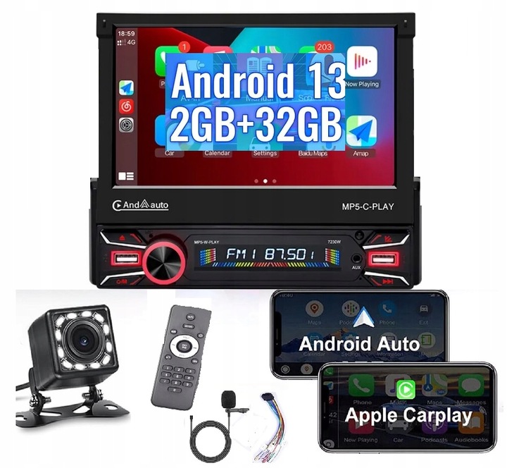 RADIO SAMOCHODOWE BT 1 DIN 7" DOTYKOWE ANDROID 13 WIFI APPLE CARPLAY KAMERA