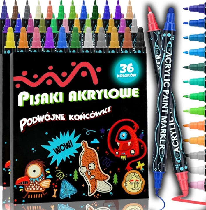 MARKERY AKRYLOWE PISAKI FLAMASTRY Z FARBĄ 36szt DWUSTRONNE WODOODPORNE